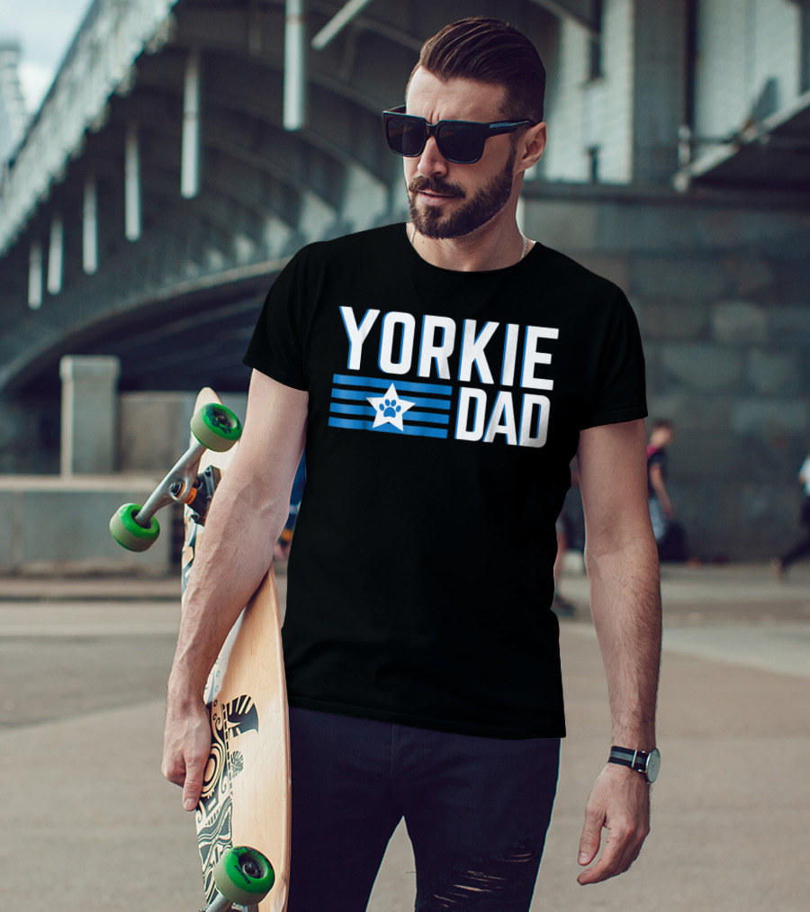 Yorkie Dad Yorkshire Terrier Dad Blue Paw Print Star T-Shirt