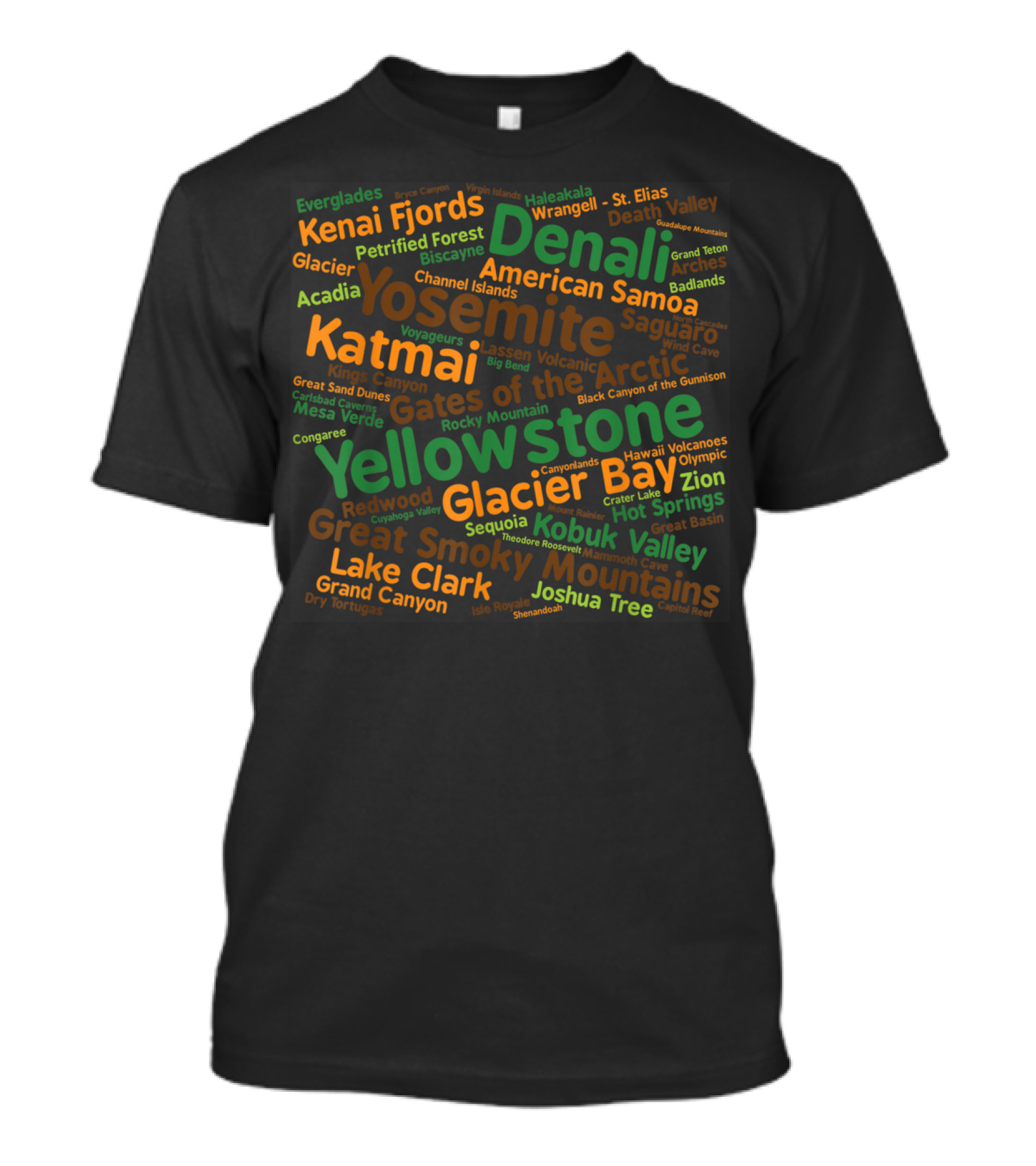 National Parks Denali Yellowstone Glacier Bay Yosemite Katmai Great Smoky Mountains Joshua Tree Kenai Fjords Arctic T-Shirt