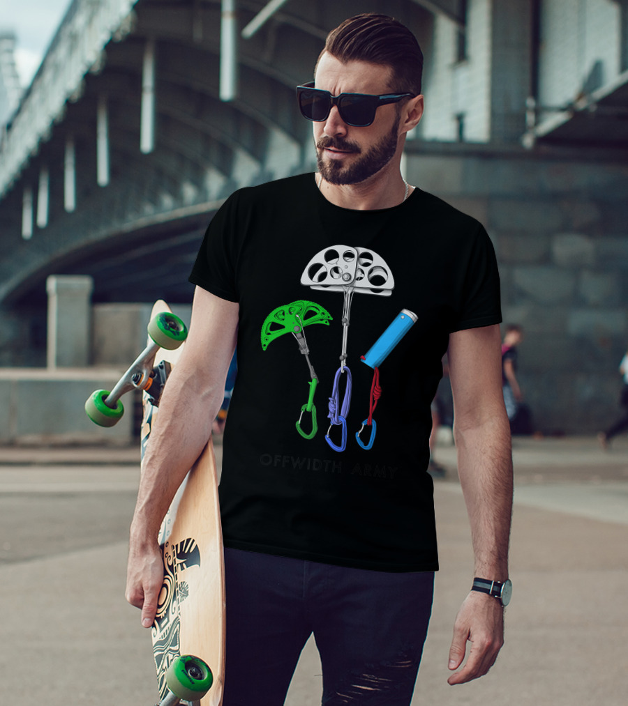 Offwidth Army Rock Climbing Gear Camming Devices And Nuts T-Shirt