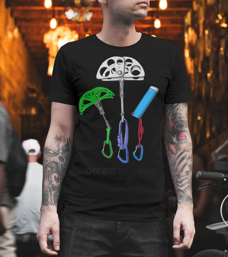 Offwidth Army Rock Climbing Gear Camming Devices And Nuts T-Shirt