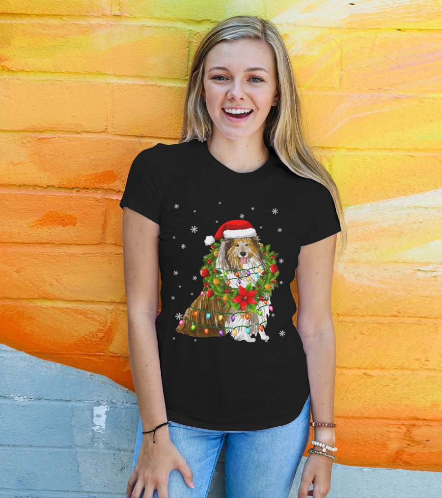 Santa Collie Dog Wrapped In Christmas Lights And Festive Garland T-Shirt