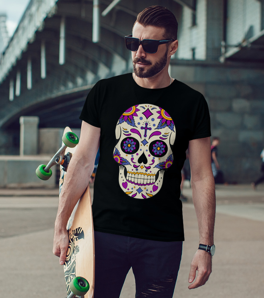 Sugar Skull Day Of The Dead Halloween Dia De Los Muertos Colorful Cross Floral T-Shirt