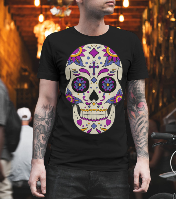 Sugar Skull Day Of The Dead Halloween Dia De Los Muertos Colorful Cross Floral T-Shirt Sugar Skull Day Of The Dead Halloween Dia De Los Muertos Colorful Cross Floral T-Shirt