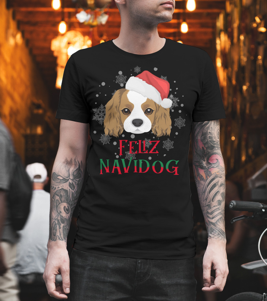 Feliz Navidog Charles Spaniel Santa Hat Snowflakes T-Shirt