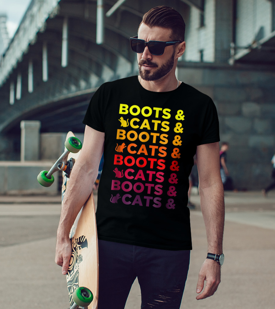 Boots And Cats EDM Rave Festival Funny Repeating Text And Cat T-Shirt