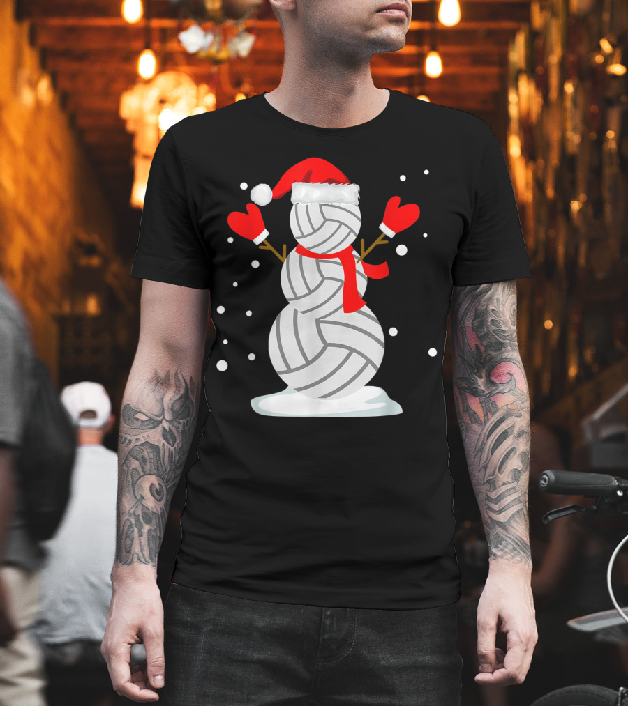 Volleyball Snowman with Santa Hat and Red Mittens T-Shirt
