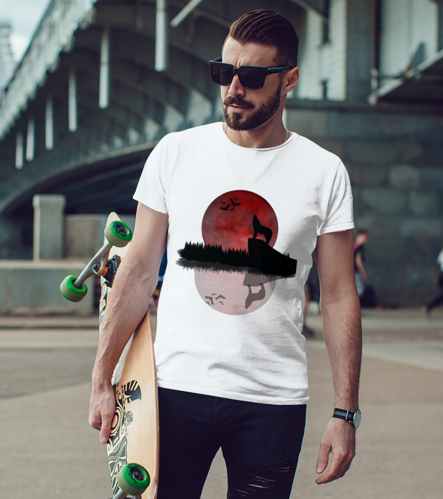 Wolf Howling At Blood Moon With Bats Silhouette And Starry Night Reflection T-Shirt