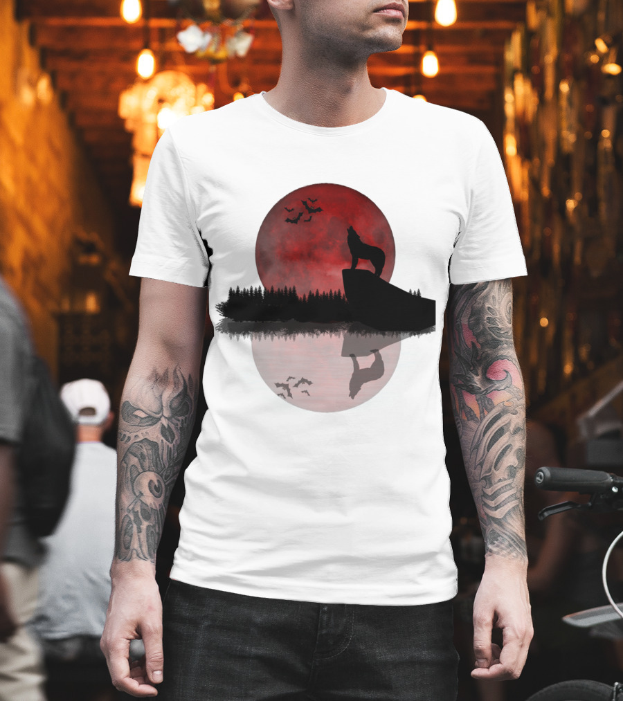 Wolf Howling At Blood Moon With Bats Silhouette And Starry Night Reflection T-Shirt