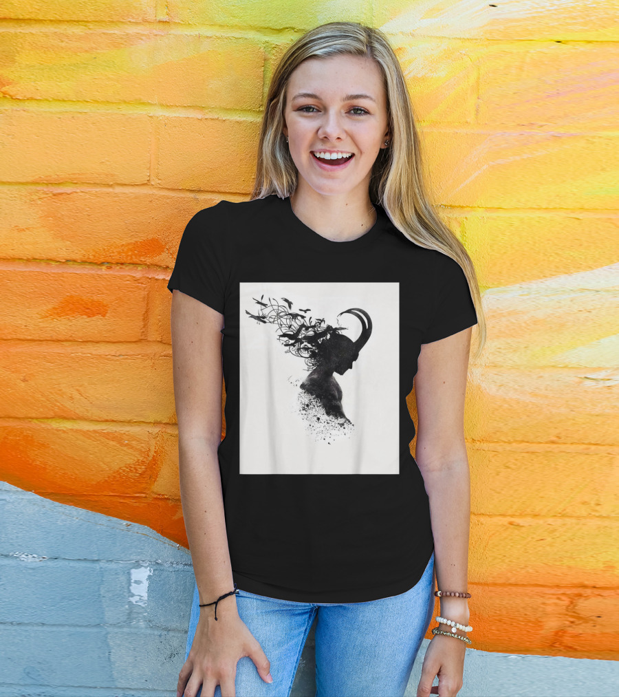 Loki Norse God Of Mischief Silhouette With Birds And Horns T-Shirt