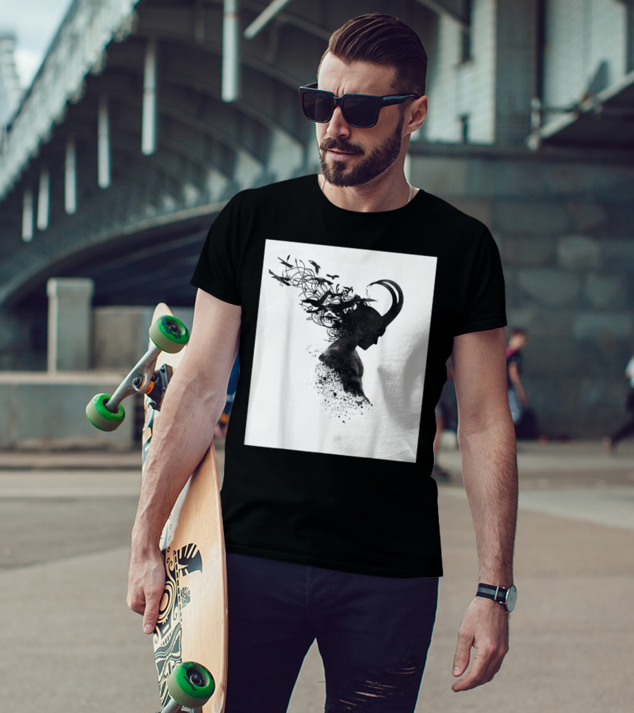 Loki Norse God Of Mischief Silhouette With Birds And Horns T-Shirt