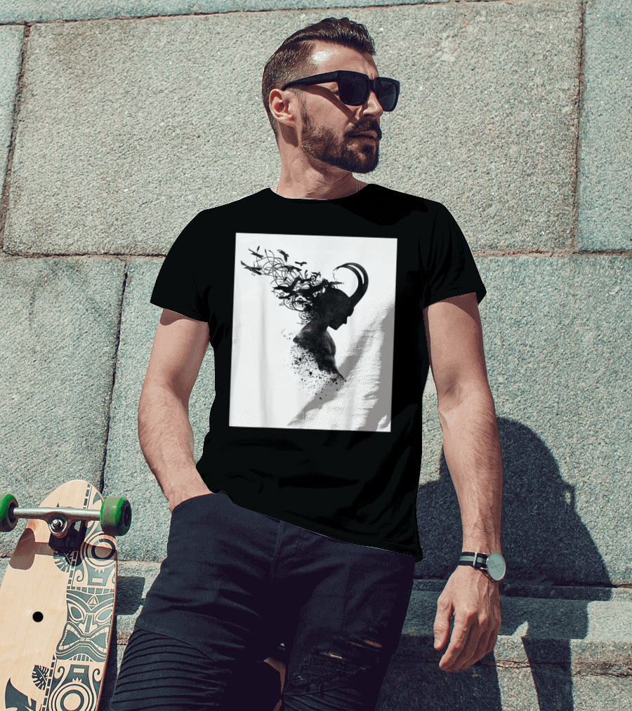 Loki Norse God Of Mischief Silhouette With Birds And Horns T-Shirt