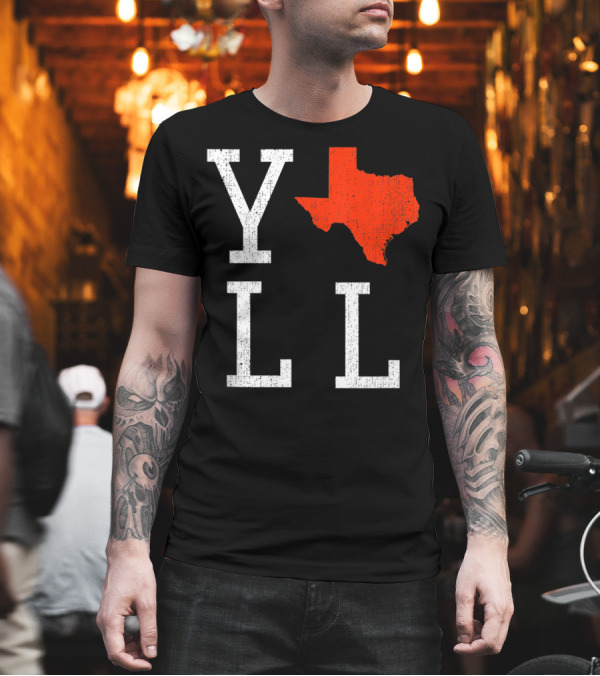 Yall Texas Distressed with Red Texas State Outline T-Shirt Yall Texas Distressed with Red Texas State Outline T-Shirt