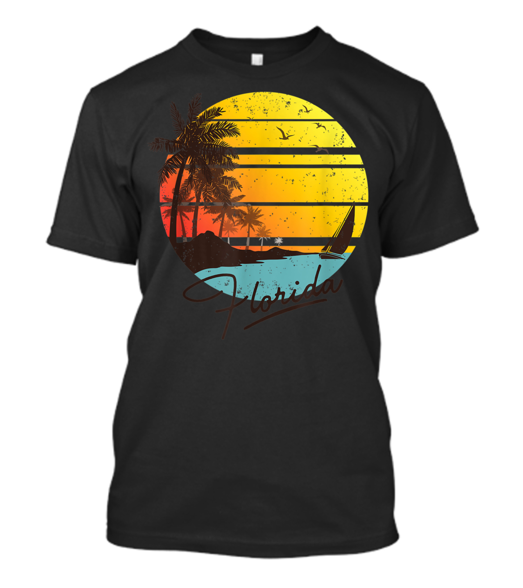 Florida Sunshine State Tropical Beach Sunset With Sailboat And Palm Trees T-Shirt