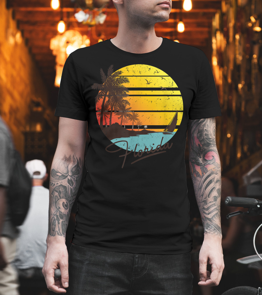 Florida Sunshine State Tropical Beach Sunset With Sailboat And Palm Trees T-Shirt