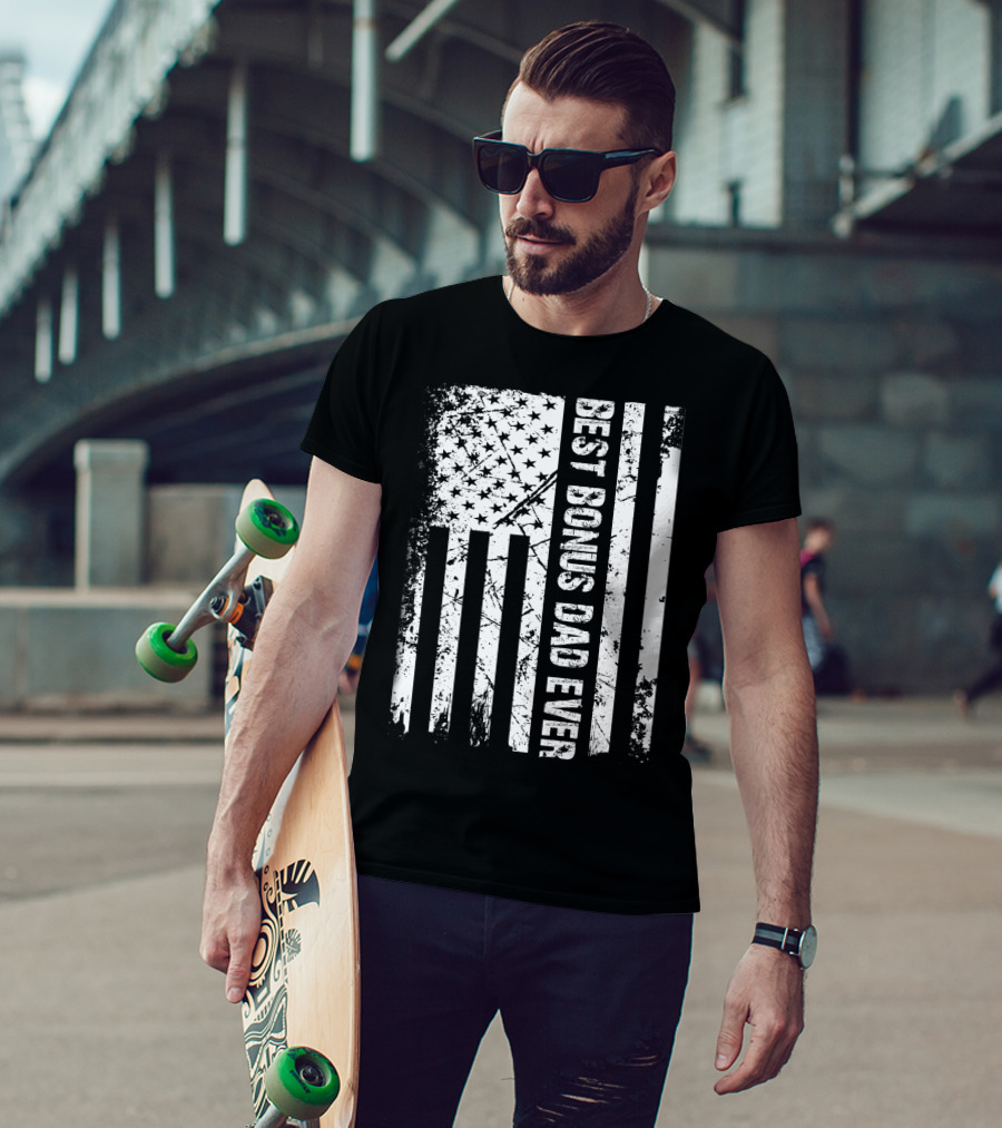 Mens Best Bonus Dad Ever American Flag T-Shirt