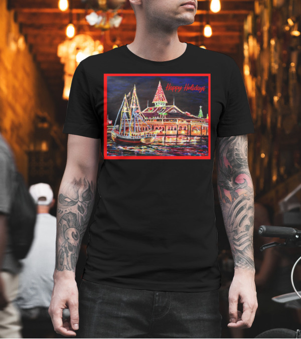 Happy Holidays Newport Beach Festive Waterfront Scene T-Shirt Happy Holidays Newport Beach Festive Waterfront Scene T-Shirt