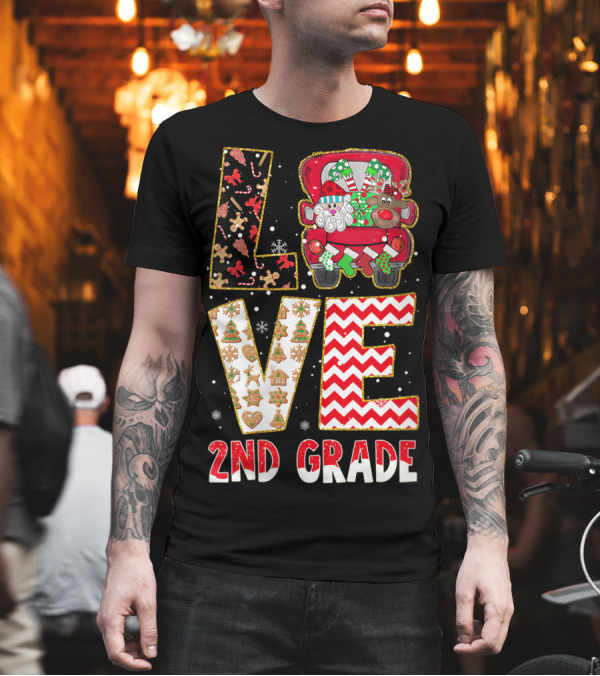 LOVE 2Nd Grade Christmas Gingerbread and Reindeer Truck Holiday T-Shirt LOVE 2Nd Grade Christmas Gingerbread and Reindeer Truck Holiday T-Shirt