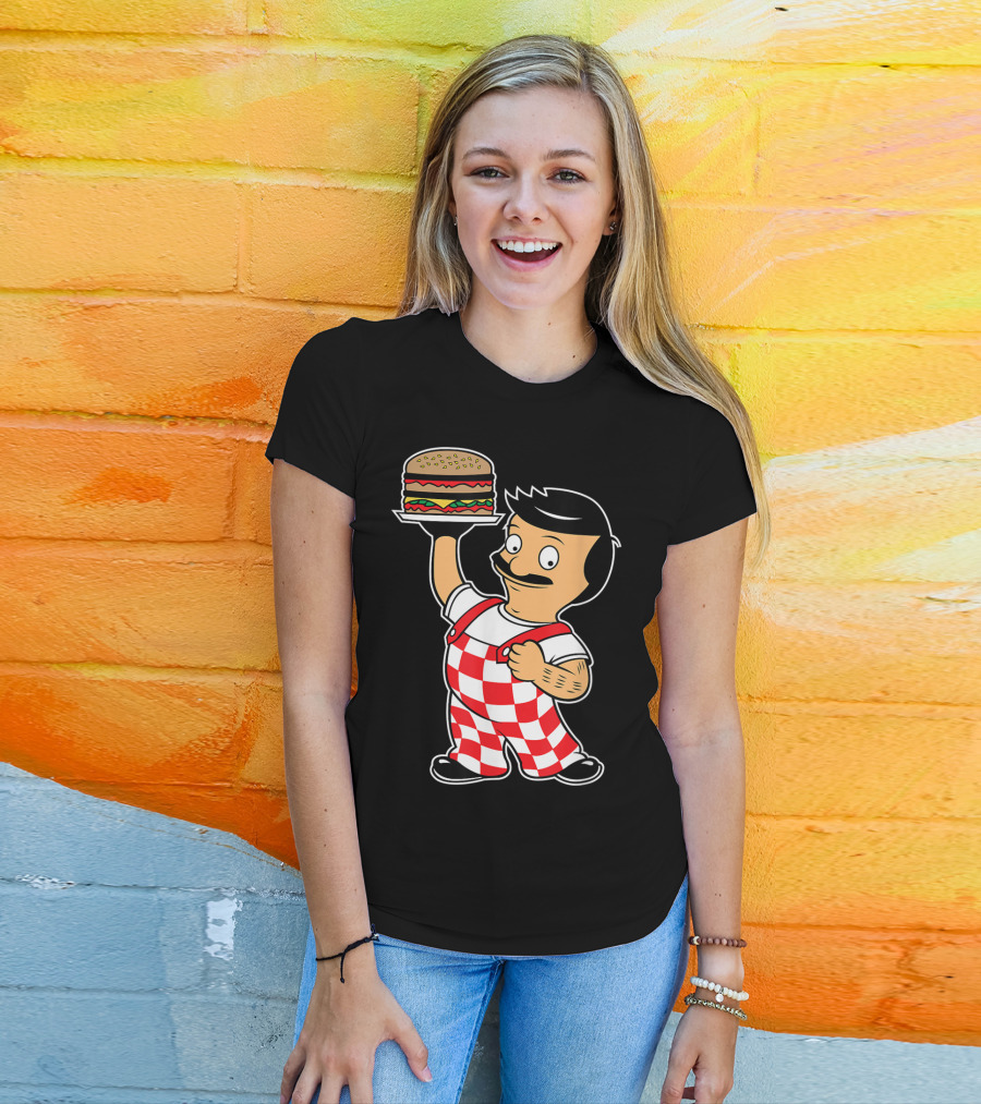 Big Bob Checkered Overalls Burger Mascot T-Shirt