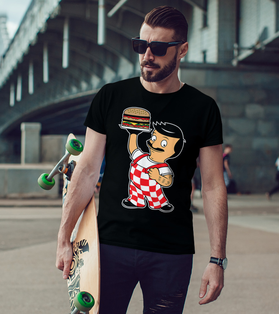 Big Bob Checkered Overalls Burger Mascot T-Shirt