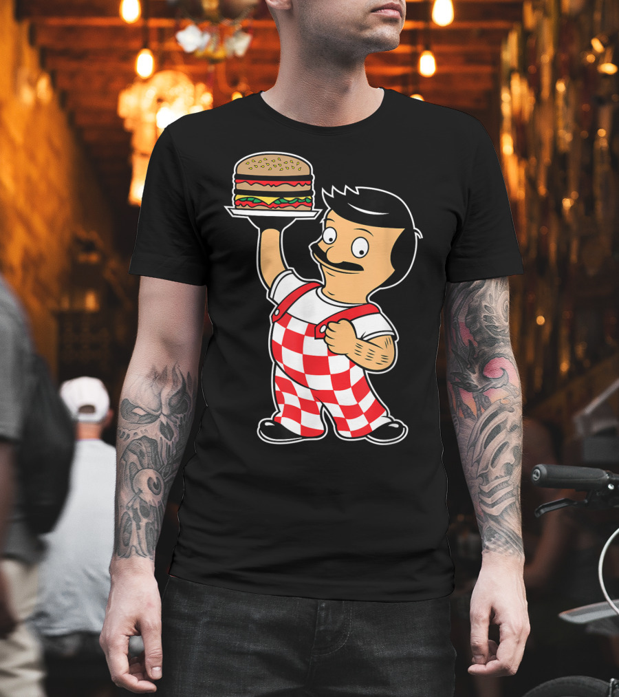 Big Bob Checkered Overalls Burger Mascot T-Shirt