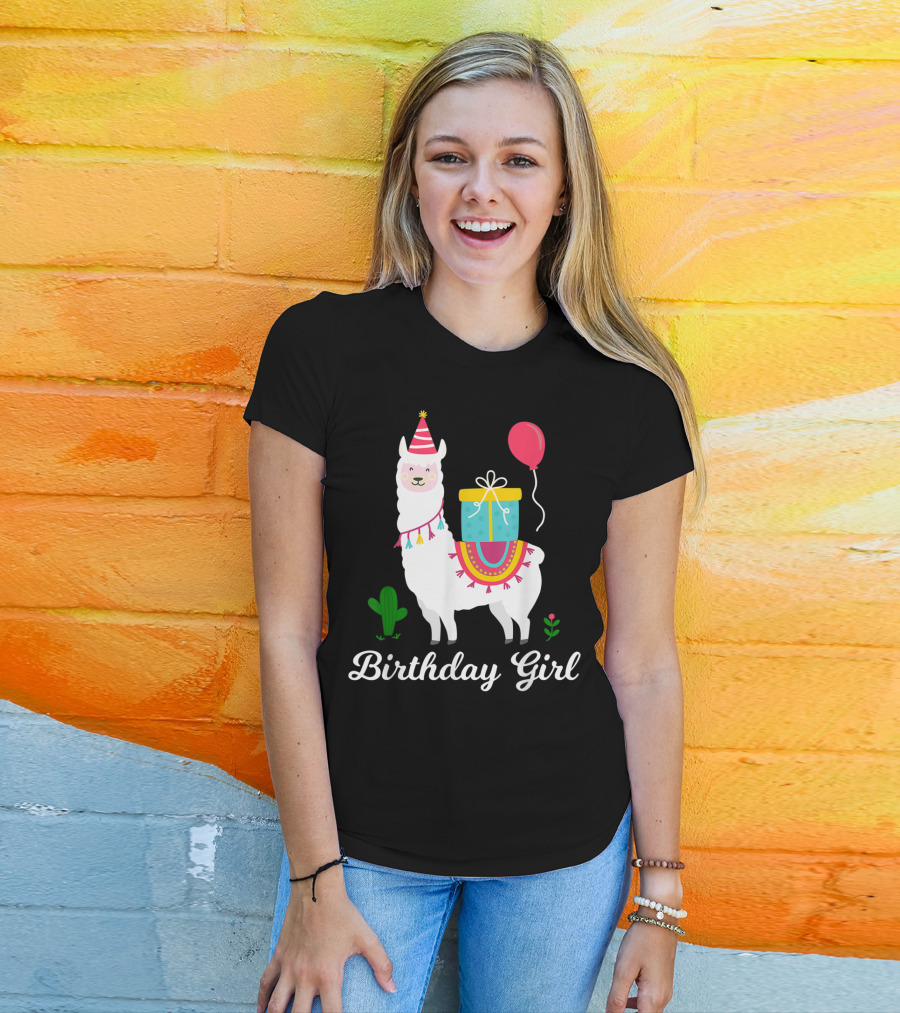 Birthday Girl Cute Alpaca Llama Cactus Balloon Party T-Shirt