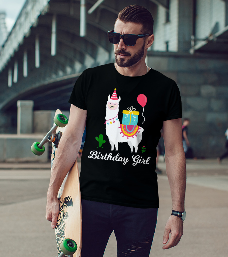 Birthday Girl Cute Alpaca Llama Cactus Balloon Party T-Shirt