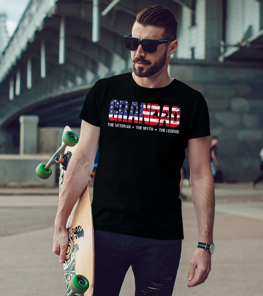 Fathers Day Grandad The Veteran The Myth The Legend Patriotic American Flag T-Shirt