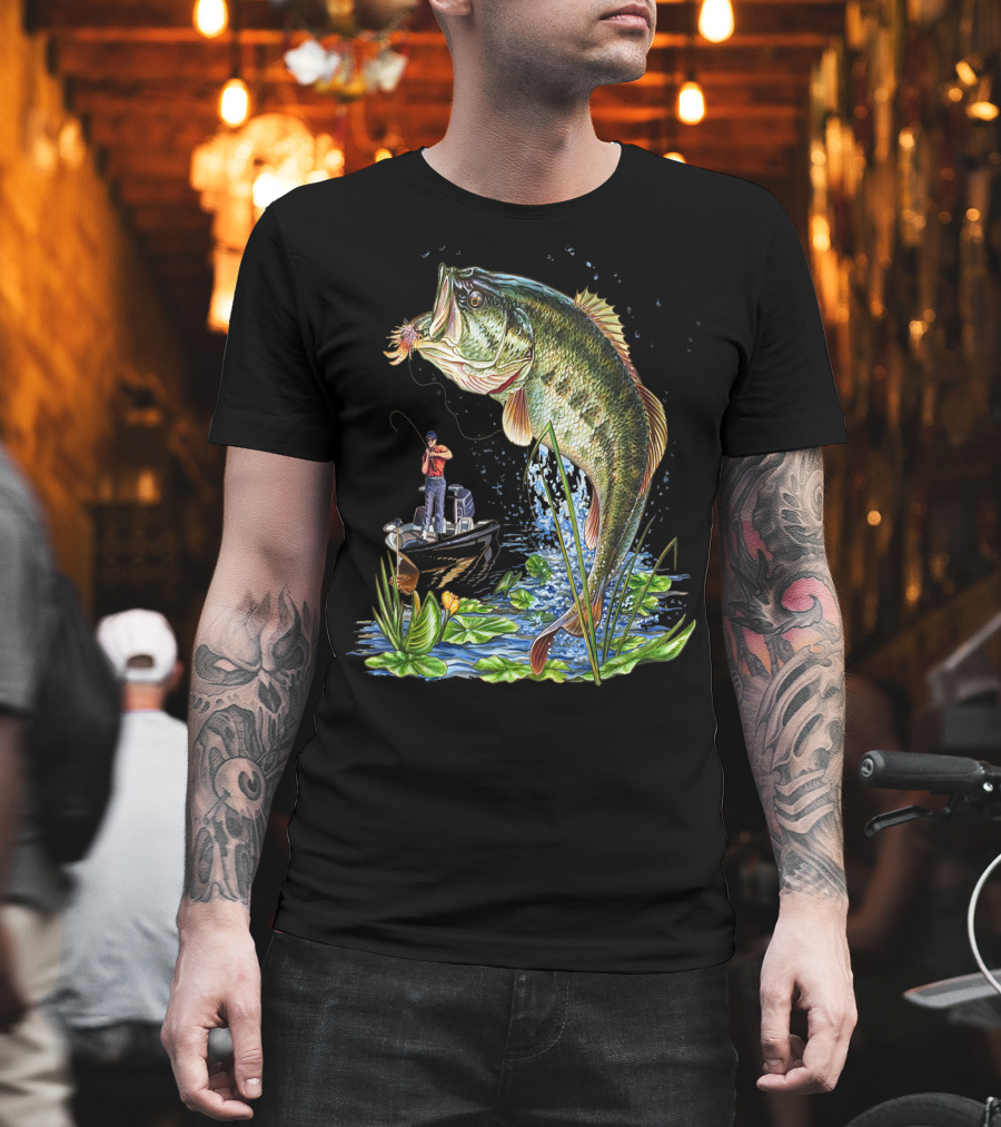 Fishing Large Mouth Bass Catching Scene With Angler And Boat T-Shirt