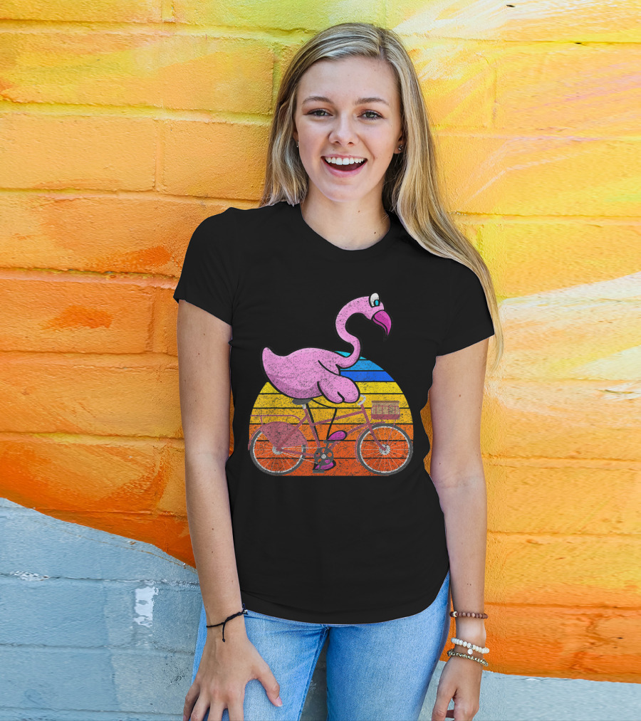 Flamingo Riding Bicycle Funny Retro Sunset T-Shirt