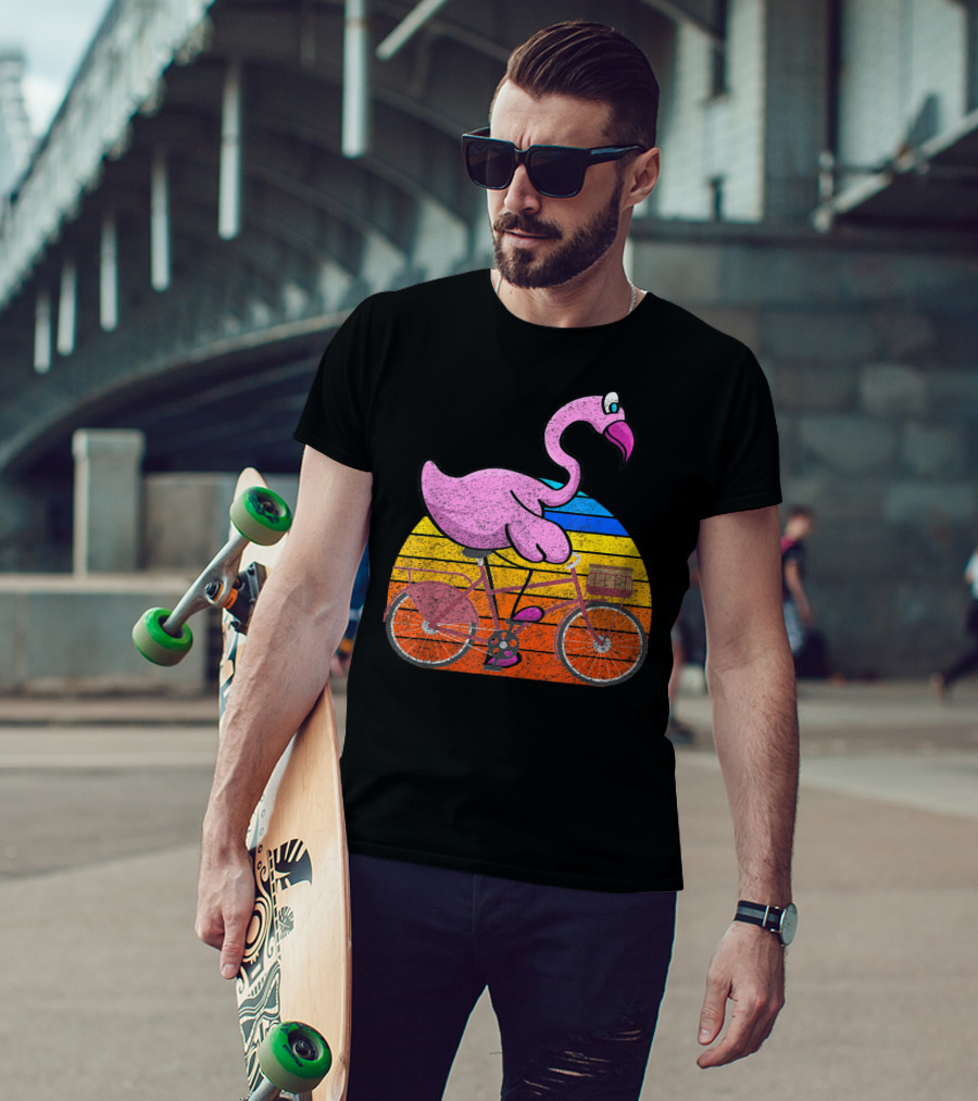 Flamingo Riding Bicycle Funny Retro Sunset T-Shirt