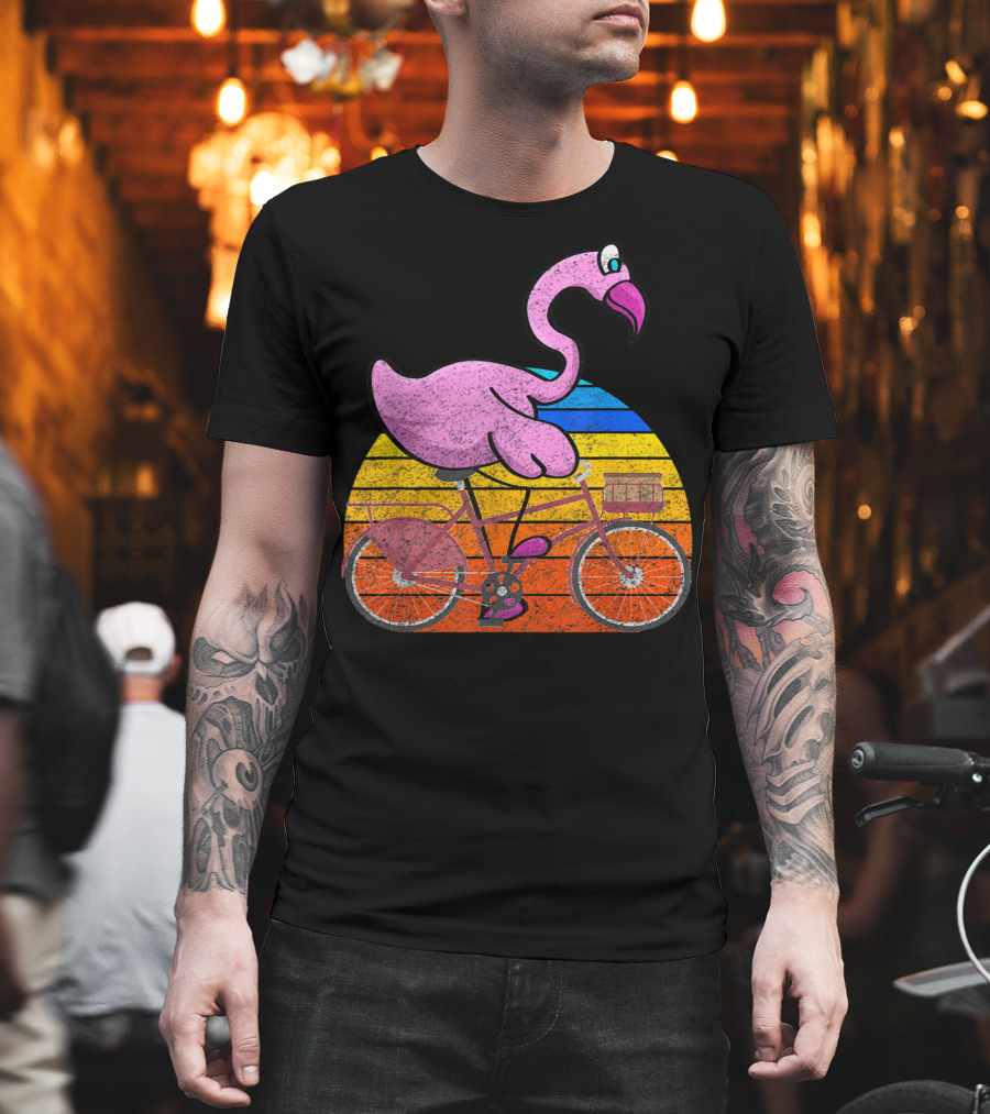 Flamingo Riding Bicycle Funny Retro Sunset T-Shirt
