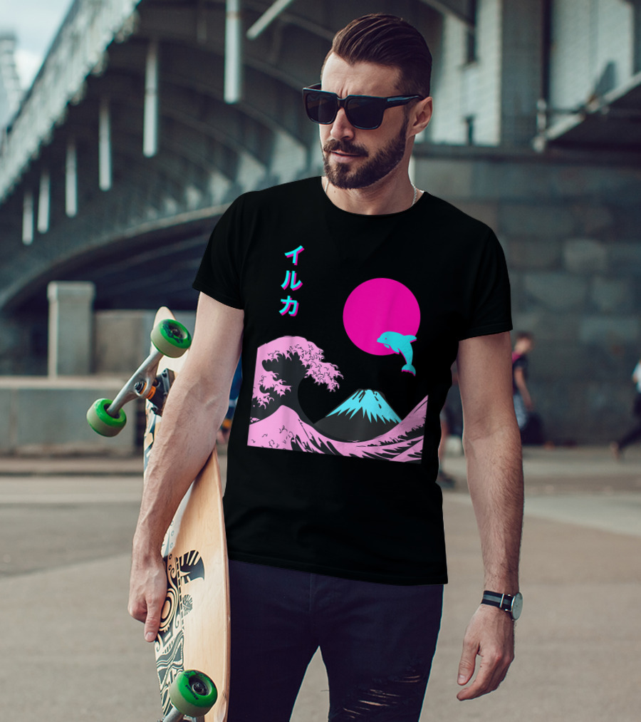Retro Aesthetic Iruka Dolphin With Japanese Writing And Mount Fuji In Neon Colors T-Shirt