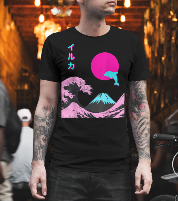 Retro Aesthetic Iruka Dolphin with Japanese Writing and Mount Fuji in Neon Colors T-Shirt Retro Aesthetic Iruka Dolphin with Japanese Writing and Mount Fuji in Neon Colors T-Shirt