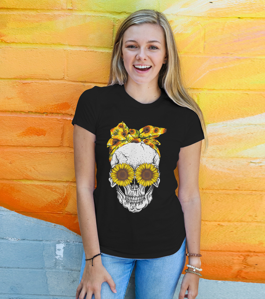 Skull With Sunflower Glasses And Floral Headband T-Shirt