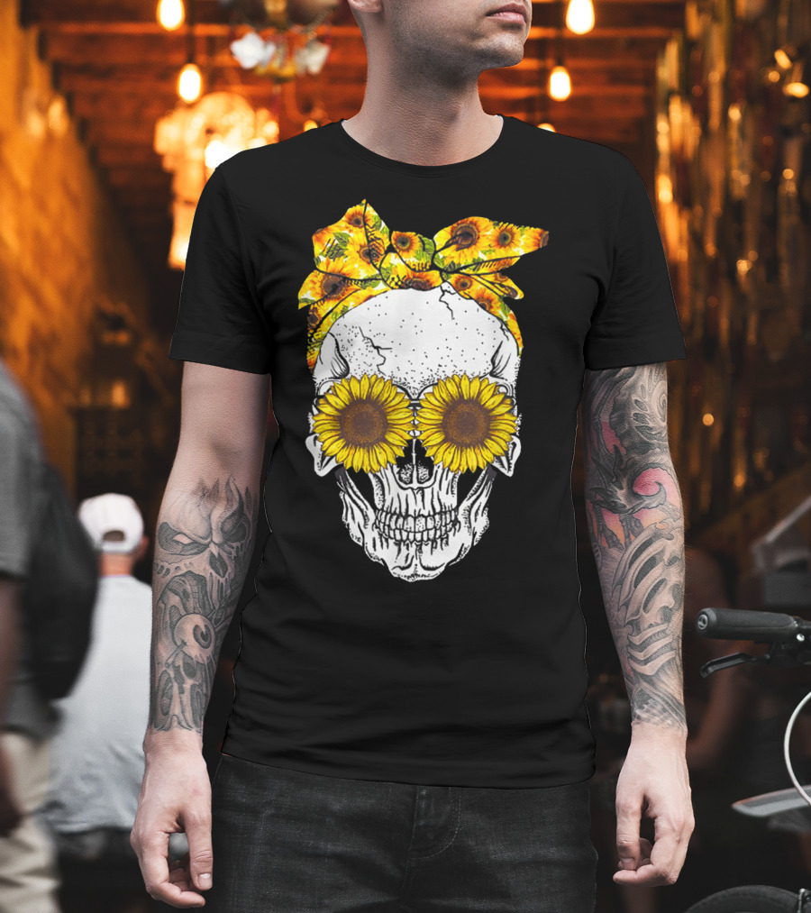 Skull With Sunflower Glasses And Floral Headband T-Shirt