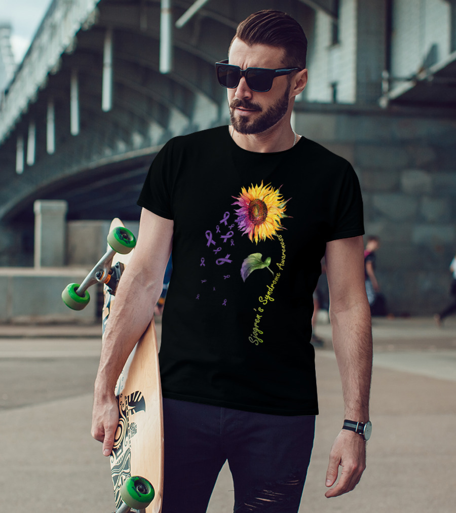 Sjogren's Syndrome Awareness Sunflower With Purple Ribbons T-Shirt
