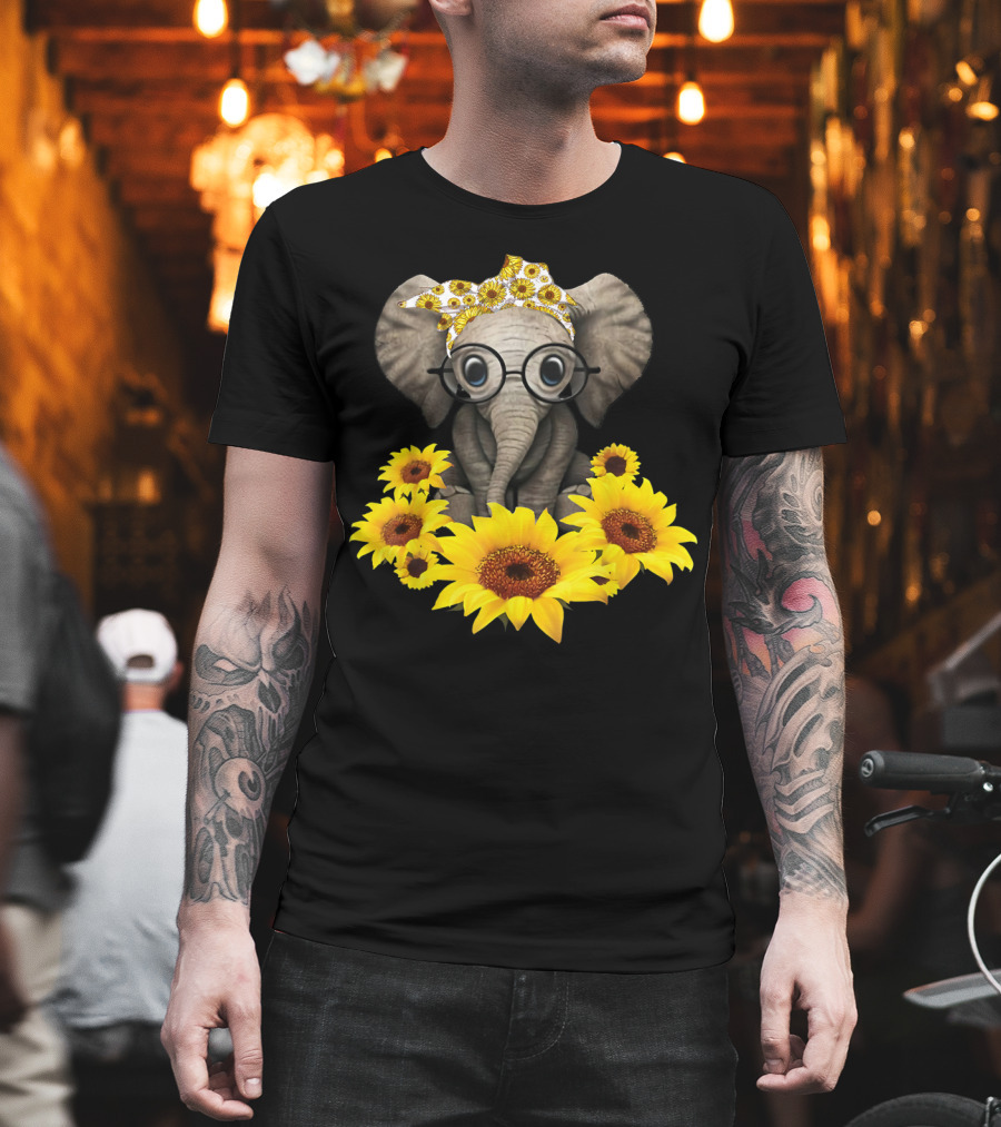 Sunflower Elephant for Woman Who Loves Elephant with Glasses and Floral Headband T-Shirt