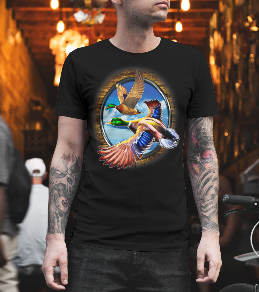 Flying Duck Hunting Scene With Colorful Ducks In Motion T-Shirt
