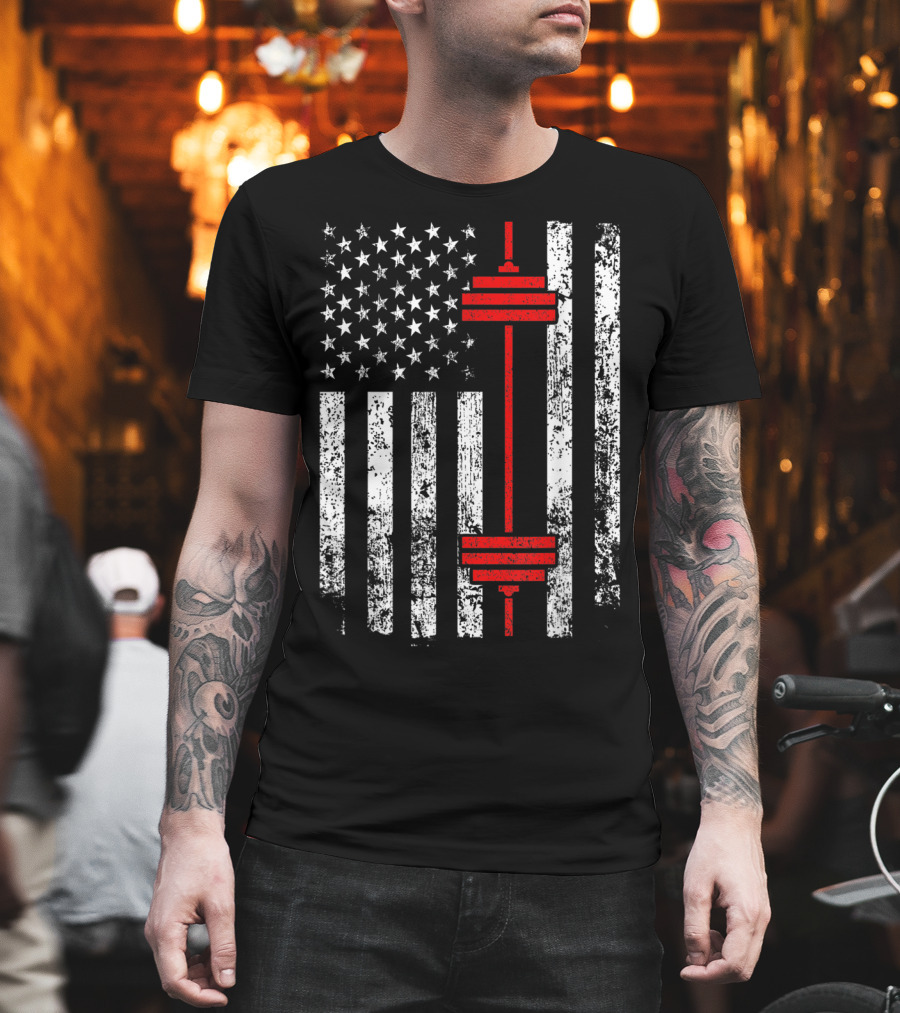 American Flag Barbell Weightlifting Fitness Strength T-Shirt