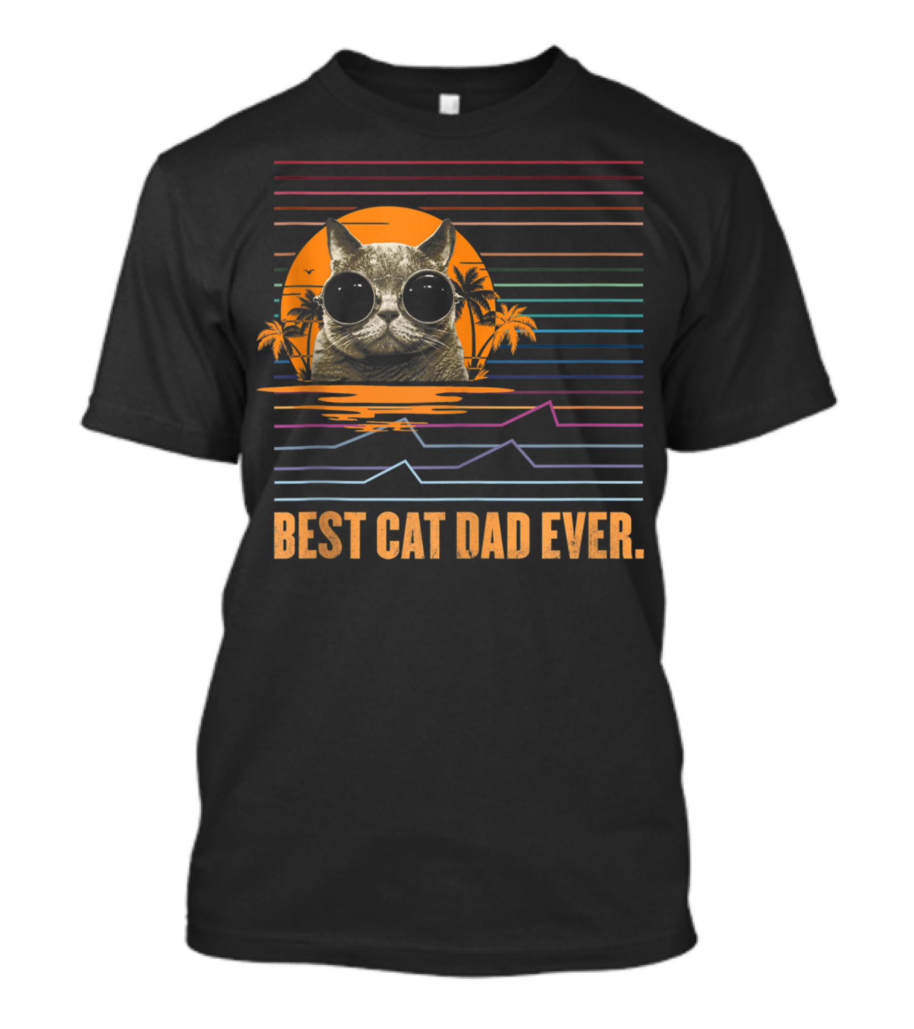 Best Cat Dad Ever Retro Sunset Cat With Sunglasses And Palm Trees T-Shirt