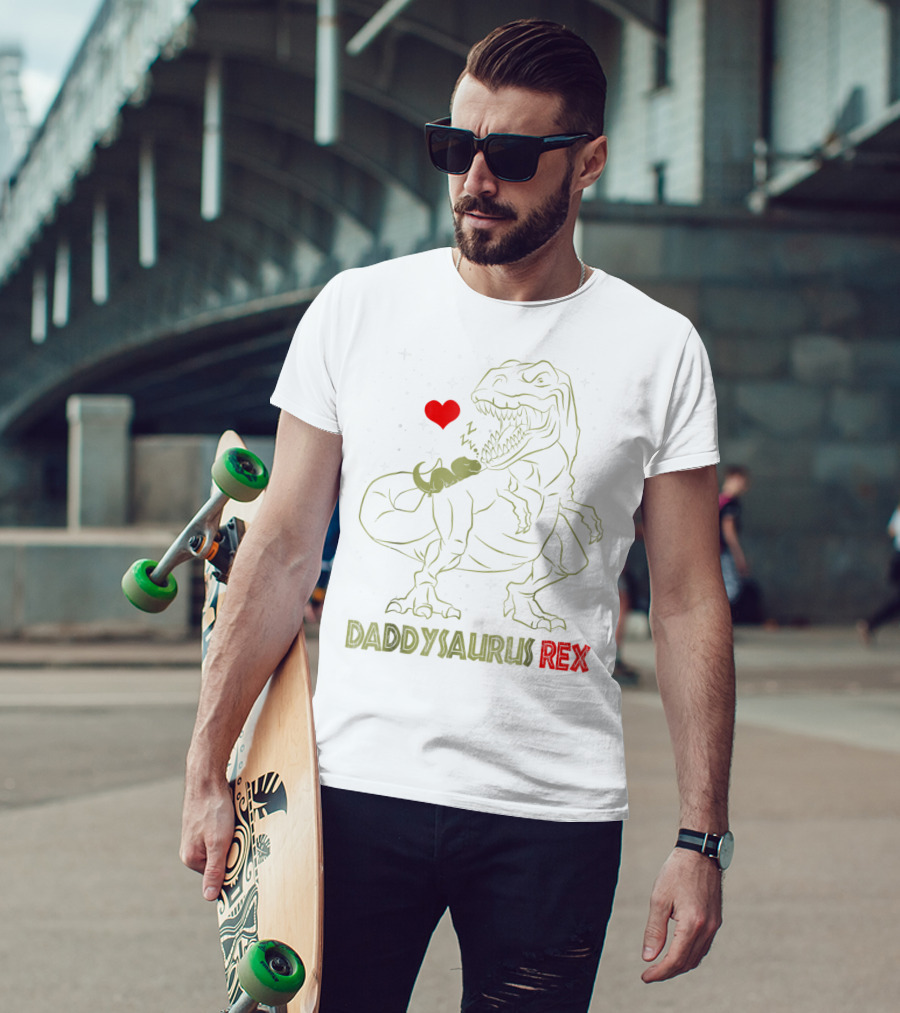 Daddysaurus Rex Dinosaur Daddy Sau With Heart And Sleeping Baby Dinosaur T-Shirt