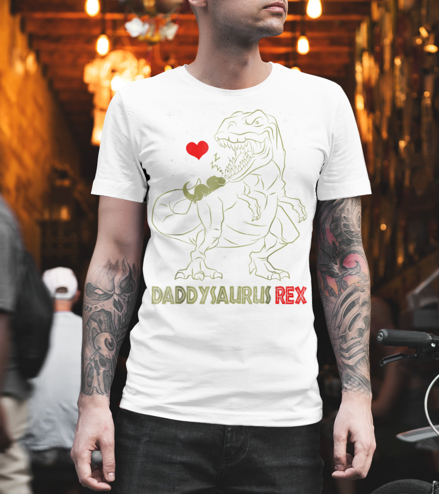 Daddysaurus Rex Dinosaur Daddy Sau With Heart And Sleeping Baby Dinosaur T-Shirt