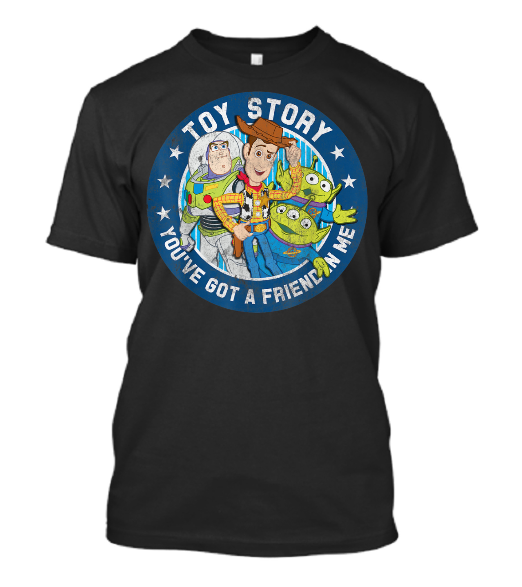 Toy Story You've Got A Friend In Me Buzz Woody Aliens Circle Blue Stars T-Shirt