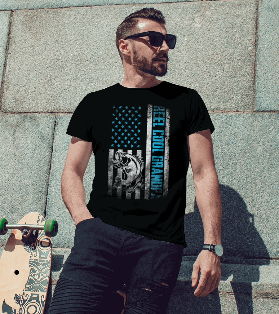Father's Day Reel Cool Grandpa Fishing American Flag T-Shirt