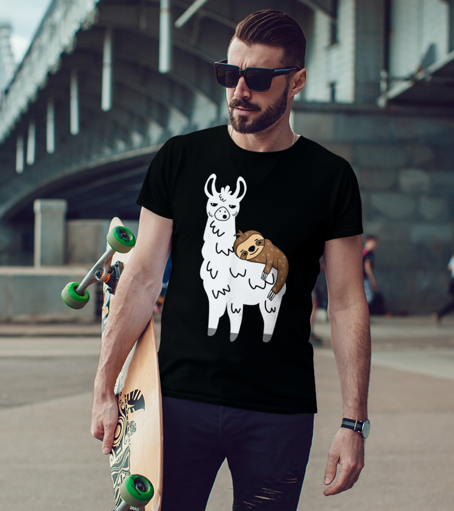 Funny Fluffy Sloth Hugging A Llama T-Shirt
