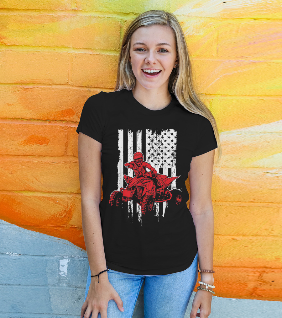 American 4 Wheeler ATV With Grunge USA Flag Background T-Shirt