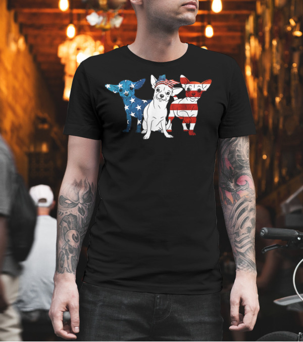 American Chihuahua Trio with Stars and Stripes US Flag for 4th of July T-Shirt American Chihuahua Trio with Stars and Stripes US Flag for 4th of July T-Shirt