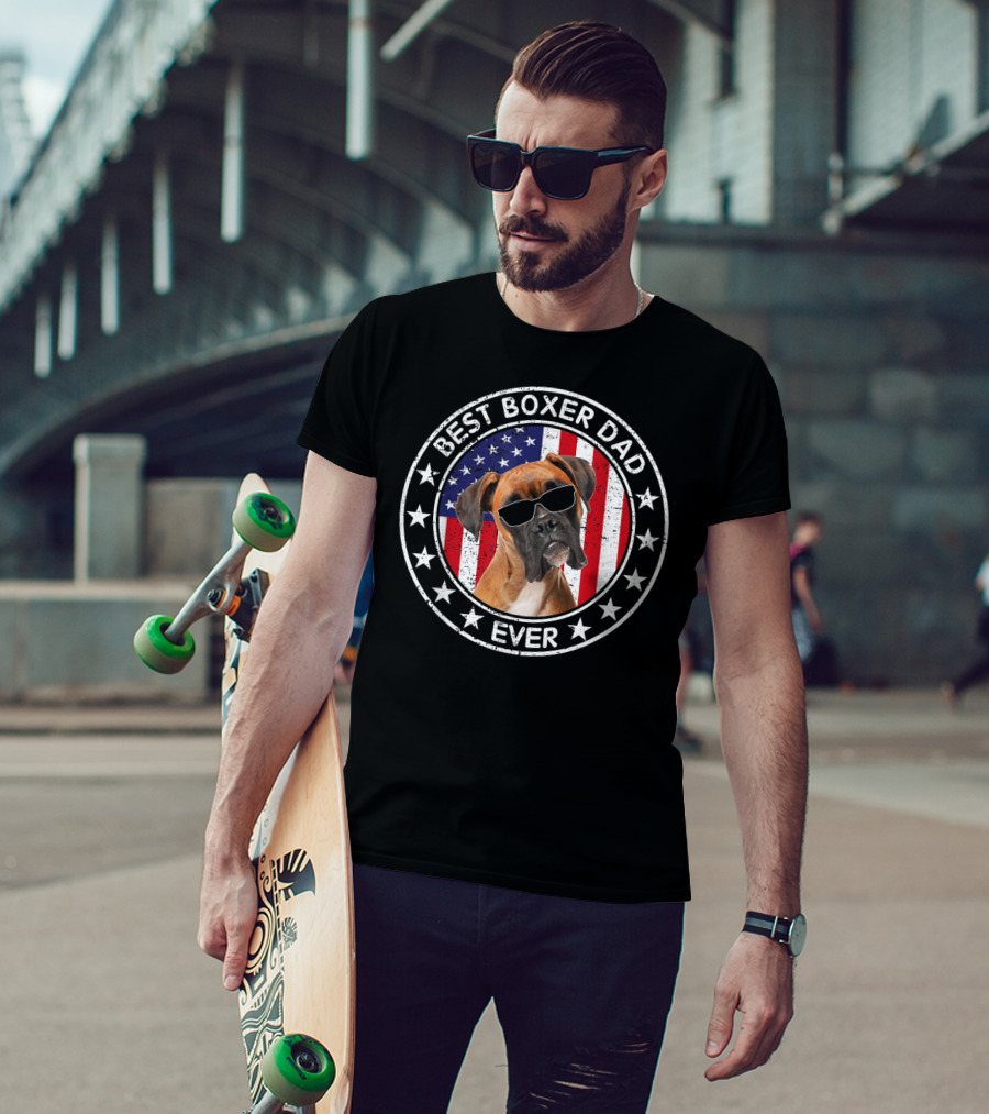 Best Boxer Dad Ever American Flag With Cool Sunglasses Dog T-Shirt