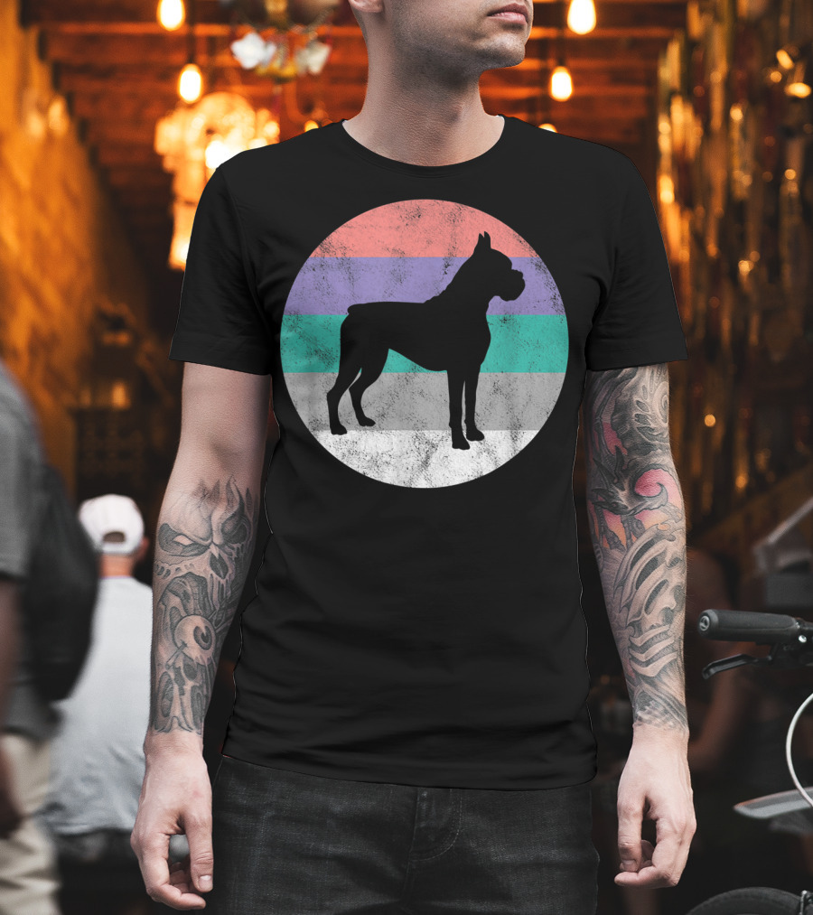 Boxer Dog Silhouette with Striped Circle Retro T-Shirt