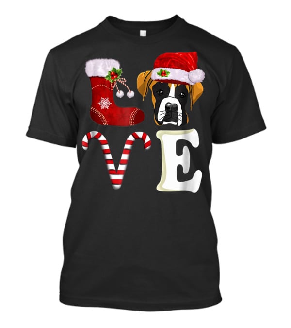 Boxer Dog Love Christmas Light With Santa Hat And Candy Cane T-Shirt